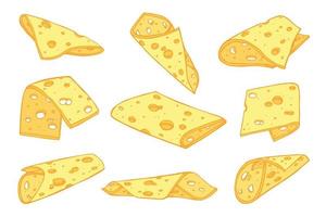 conjunto dibujado a mano de partes y rebanadas de queso. icono de queso. Imágenes Prediseñadas de vector de queso