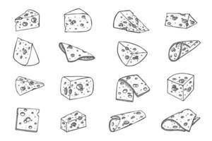 conjunto dibujado a mano de partes y rebanadas de queso. icono de queso. Imágenes Prediseñadas de vector de queso