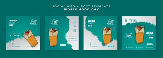 conjunto de plantillas de publicación en medios sociales en fondo verde y blanco con comida de kebab para el día mundial de la alimentación vector