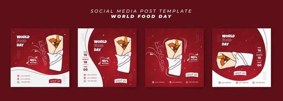 conjunto de plantillas de publicaciones en redes sociales con fondo rojo y blanco con comida de kebab para el diseño del día mundial de la alimentación vector