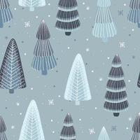 Vector illustration of seamless pattern with trees and fir-tree in winter time with snow in flat cartoon style.