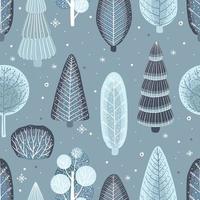 Vector illustration of seamless pattern with trees and fir-tree in winter time with snow in flat cartoon style.