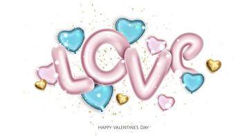 Pink and blue balloons in shape of hearts, pink metal text love. Valentine s Day Background. vector