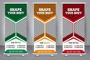 Elegant gym roll up stand banner template design. Fitness standee creative X banner template design. vector