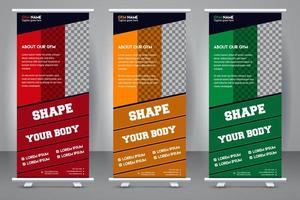 Elegant gym roll up stand banner template design. Fitness standee creative X banner template design. vector