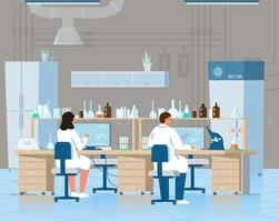 Two Scientists Man And Woman Working In Chemical Laboratory On Computers. Laboratory Interior With Equipment. Flat Vector Illustration.