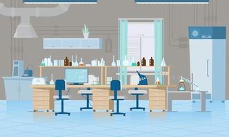 Vector Scientific Chemical Laboratory Interior With Equipment. Workplace With Flasks, Reagents, Microscope, Computer etc. Flat Illustration.
