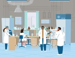 científicos o médicos, hombres y mujeres que investigan en laboratorios químicos. interior de laboratorio con equipo. ilustración vectorial plana.