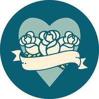 iconic tattoo style image of a heart and banner with flowers vector