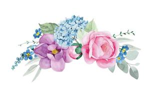 watercolor drawing. bouquet, composition with flowers and leaves of eucalyptus. pink peony flowers, roses, blue hydrangeas. delicate print, vintage decoration