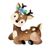 cute watercolor drawing. small spotted deer fawn, with flowers. funny character for kids. kid, scrapbooking vector