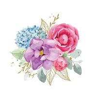 dibujo de acuarela. ramo, composición de flores y hojas de eucalipto, hojas y elementos dorados. flores de rosa rosa, peonía, hortensias azules. vector