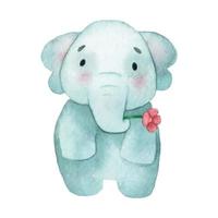 lindo dibujo de acuarela. pequeño elefante, bebé elefante, con flores. personaje divertido para niños. niño, álbum de recortes vector