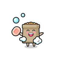 wheat sack character is bathing while holding soap vector