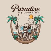 illustration of the beach logo with a smoked and drinking-style human skull. vector
