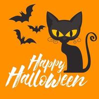 Black cat with bats in Halloween night greeting card vector