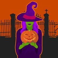 una bruja sostiene una calabaza en sus manos frente al cementerio vector