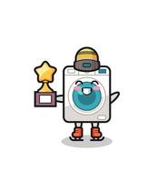 washing machine cartoon as an ice skating player hold winner trophy vector