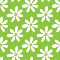 Seamless floral pattern. Simple camomile vector illustration. Graphic fabric print template. Green background with white doodle flowers. Scrapbook or wrapping paper.