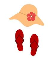 Fashion summer clothes. Clothing clipart, flat summer hat and flip flops. Vacation outfit,  vector icon set.