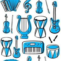 esbozar instrumentos musicales de patrones sin fisuras, vector aislado en siluetas de fondo blanco, simples iconos de garabatos dibujados a mano.