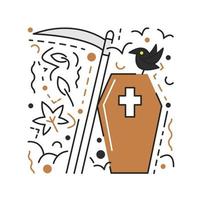 Wooden coffin with cross isolated. Raven standing over casket. Death scythe is next to hearse. Halloween traditional symbols textured concept design.  Hand drawn flat silhouette vector illustration