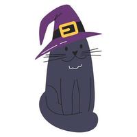 Domestic animal is traditional Halloween symbol. Funny black kitten in wizard purple hat. Fluffy cat in witch magic violet headwear. Hand drawn flat vector illustration isolated on white background