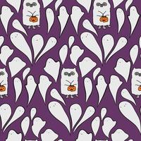 Cute purple pattern, doodle black line ghosts and a cat. Halloween seamless background. For fabric textile, home, baby pet. vector