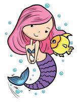 personaje de dibujos animados de sirena lindo dibujado a mano con criatura marina de peces