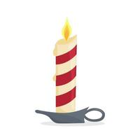 Burning Christmas candle with candlestick holder. Flat vector illustration.
