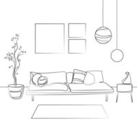 Ilustración de boceto en blanco y negro vectorial de ilustración interior de sala de estar moderna. lugar de ocio para relajarse con sofá y almohadas, plantas en una maceta, pintura en la pared, dibujo de líneas vector