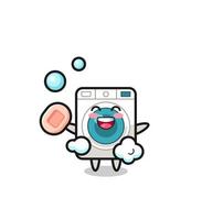 washing machine character is bathing while holding soap vector