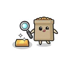 wheat sack character is checking the authenticity of the gold bullion vector