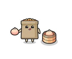 cute wheat sack character eating steamed buns vector