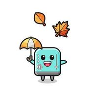 cartoon of the cute toaster holding an umbrella in autumn vector