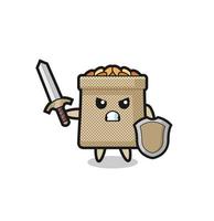 cute wheat sack soldier fighting with sword and shield vector