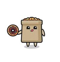 illustration of an wheat sack character eating a doughnut vector