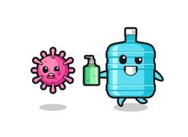 ilustración del personaje de la botella de agua de un galón persiguiendo el virus malvado con desinfectante de manos vector