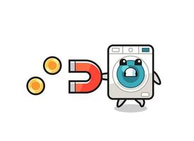 the character of washing machine hold a magnet to catch the gold coins vector