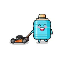 ilustración del personaje de la botella de agua de un galón usando una cortadora de césped vector