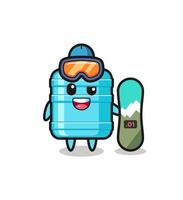 Illustration of gallon water bottle character with snowboarding style vector