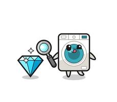 washing machine mascot is checking the authenticity of a diamond vector
