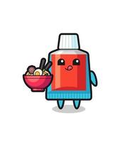 cute toothpaste character eating noodles vector