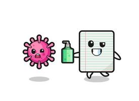 illustration of paper character chasing evil virus with hand sanitizer vector