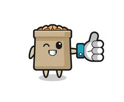 cute wheat sack with social media thumbs up symbol vector