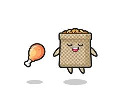 cute wheat sack floating and tempted because of fried chicken vector