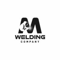 Letter M welding logo, welder silhouette working with weld helmet in simple and modern design style art vector