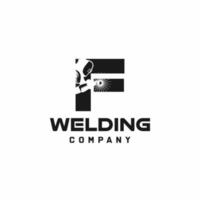 Letter F welding logo, welder silhouette working with weld helmet in simple and modern design style art vector