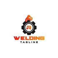 Letter R welding logo, welder silhouette working with weld helmet in simple and modern design style art vector