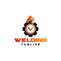 Letter V welding logo, welder silhouette working with weld helmet in simple and modern design style art vector